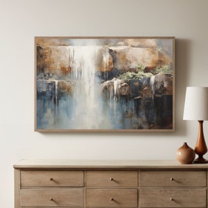Waterfall Mountain Art, Rustic Nature Painting Artwork, Tranquil Canvas Print Wall Art for Peaceful Home and Office Decor