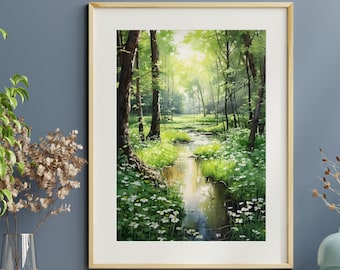 Tranquil Forest Watercolor Art Print - Sunlit Wildflowers in a Tranquil Nature Scene -  Earthy Colors Artwork, Perfect for Home Decor