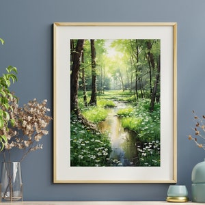 Tranquil Forest Watercolor Art Print - Sunlit Wildflowers in a Tranquil Nature Scene -  Earthy Colors Artwork, Perfect for Home Decor