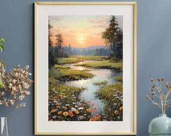 Dewy Meadow Gouache Painting, Peaceful Pastel Wildflower Landscape Print, Revitalizing Earthy Color Palette, Calm Creek Reflection, Wall Art