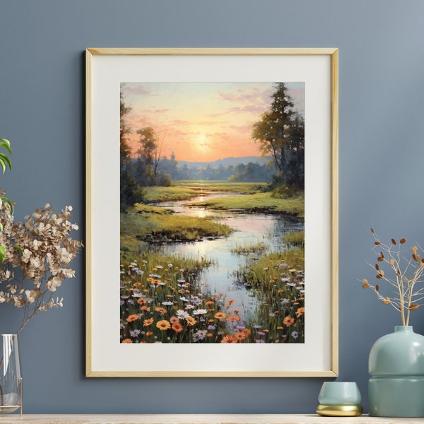 Pintura gouache de pradera cubierta de rocío, impresión pacífica de paisajes de flores silvestres en colores pastel, paleta de colores terrosos revitalizantes, reflejo de Calm Creek, arte de pared