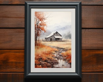 Rustic Barn Watercolor Giclée Print | Orange Fall Leaves & Misty Blue Mountain Artwork | Autumn Landscape Print | Country Farmhouse Wall Art