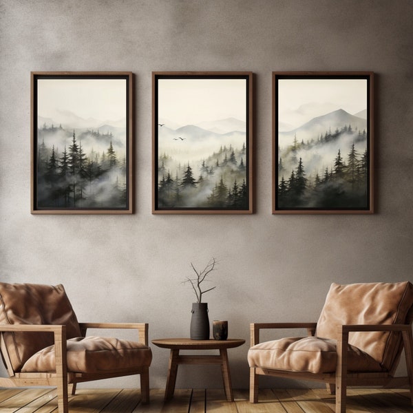 Montagnes mystiques | Grand ensemble de 3 oeuvres d'art mural sur toile | Forêt brumeuse et arbres silhouette, ciel gris | Art mural contemporain paysage serein
