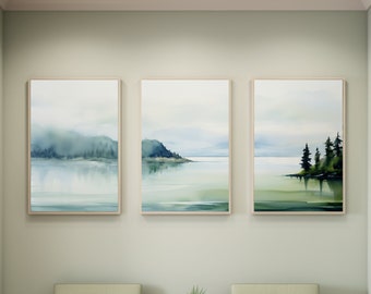 Foggy Mountain Lake Canvas Triptych: Serene Green Nature Wall Art