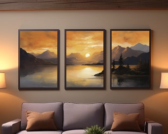 Sunset Mountain Canvas Art Set: Lake Triptych Wall Decor