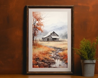 Rustic Barn Watercolor Art Print | Orange Fall Leaves & Misty Blue Mountain Artwork | Printable Fall Decor | Country Farmhouse Wall Art