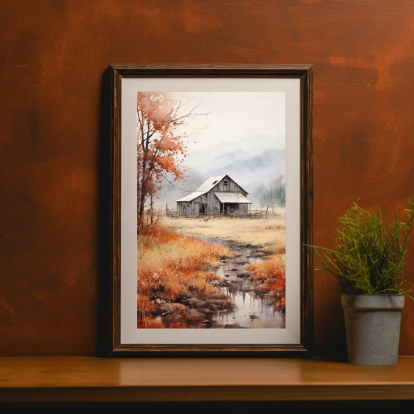 Rustic Barn Watercolor Art Print | Orange Fall Leaves & Misty Blue Mountain Artwork | Printable Fall Decor | Country Farmhouse Wall Art