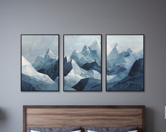 May include: Three framed abstract art prints depicting a blue and white mountain range. The prints are hanging on a light blue wall above a wooden headboard bed.