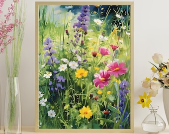 Gouache met wilde bloemenweide: kleurrijke bloemenkunstprint (digitale download)