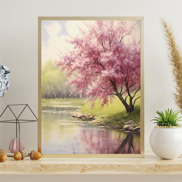 Rustige bloeiende kersenboom Art Print: zachte pastel aquarel landschapsschilderkunst, delicate roze bloesems en zachte blauwe vijverreflecties