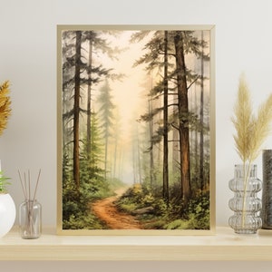 Gentle Forest Trail Art Print: Watercolor Nature Artwork, Tranquil Morning Scene with Earthy Brown Trees & Pastel Beige Trail, Wall Art