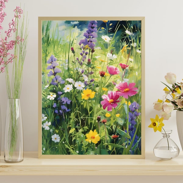 Spring Meadow Art Print, Bright Wildflowers Gouache Painting, Fresh Floral Wall Art for Colorful Home Decor
