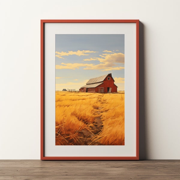 Old Barn Wheat Field Art Print | Warm Red & Yellow Vintage Gouache Painting |  Printable Wall Art | Rustic Country Farmhouse Decor