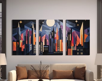 Abstract City Skyline Canvas Print Set: Geometric Urban Triptych