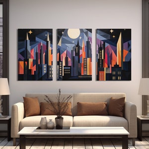 Abstract City Skyline Canvas Print Set: Geometric Urban Triptych