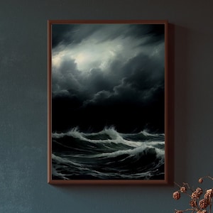 Framed Moody Thunderstorm Seascape: Dynamic Brushwork, Perfect Storm Nautical Painting Canvas Art for Coastal Decor, Modern Rustic Wall Art