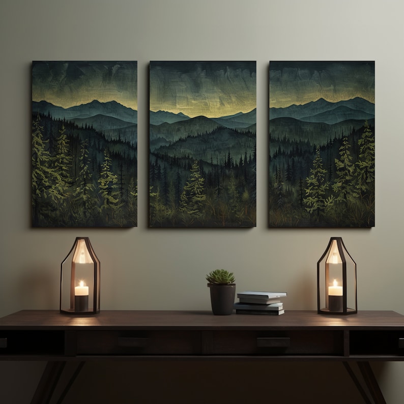 3 Piece Dark Forest Mountain Triptych: Serene Nature Wall Art Set - Etsy