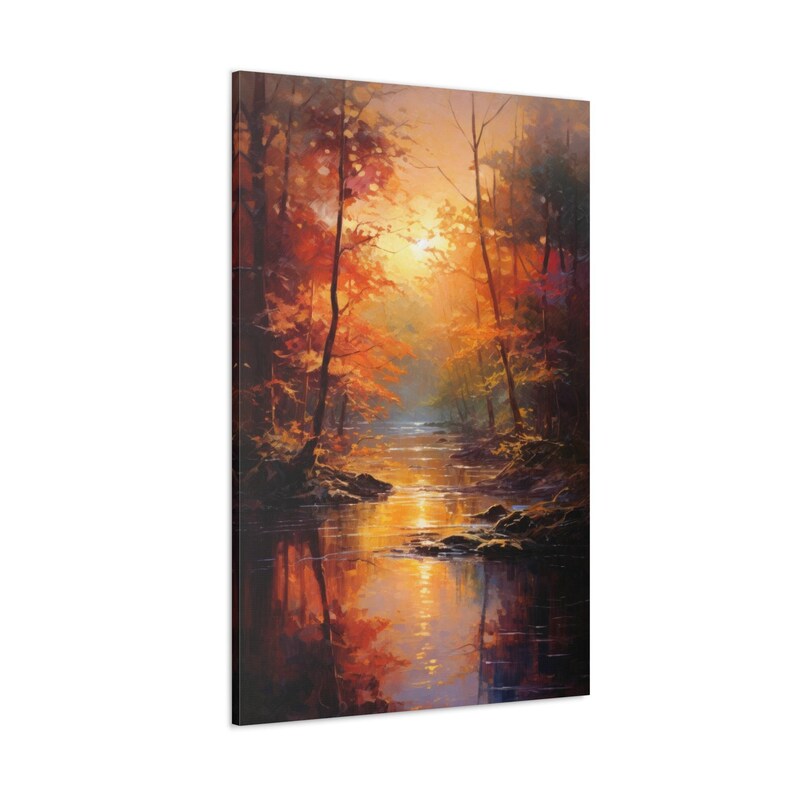 Forest Wall Art: Autumn Forest River Sunset, Canvas Print 32″ x 48″