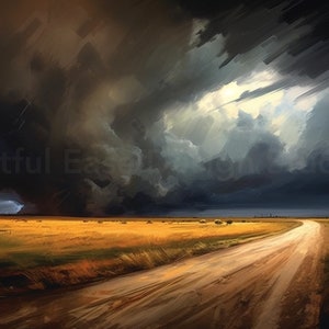 May include: A dirt road winds through a field of golden wheat under a dramatic, dark, stormy sky. The clouds are swirling and ominous, with a bright light peeking through.