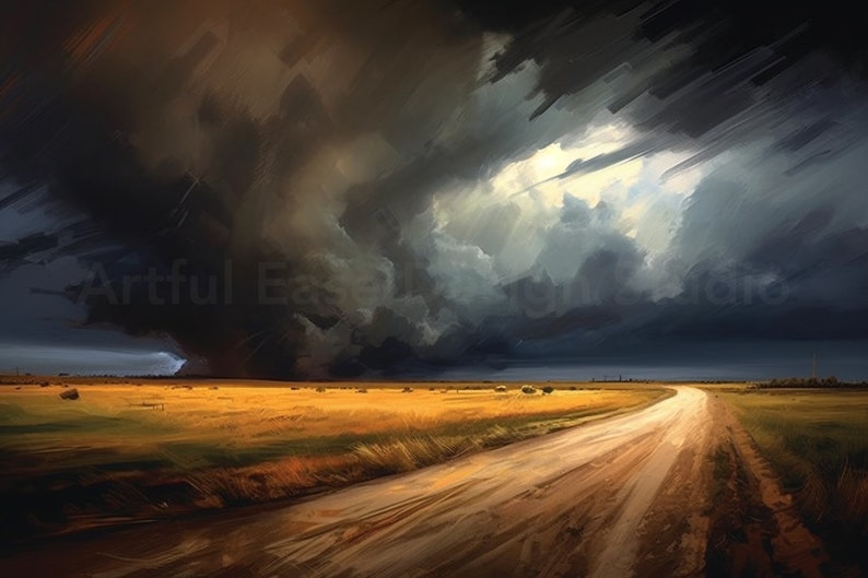 May include: A dirt road winds through a field of golden wheat under a dramatic, dark, stormy sky. The clouds are swirling and ominous, with a bright light peeking through.