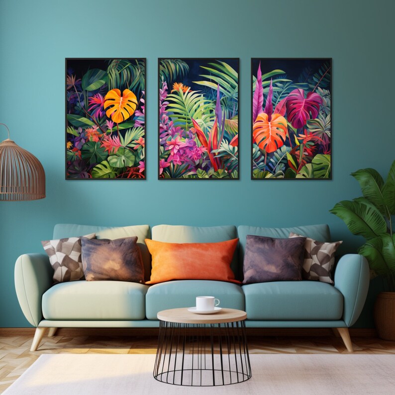 Tropical Canvas Wall Art Set: Orange & Teal Jungle Botanical Prints - Etsy