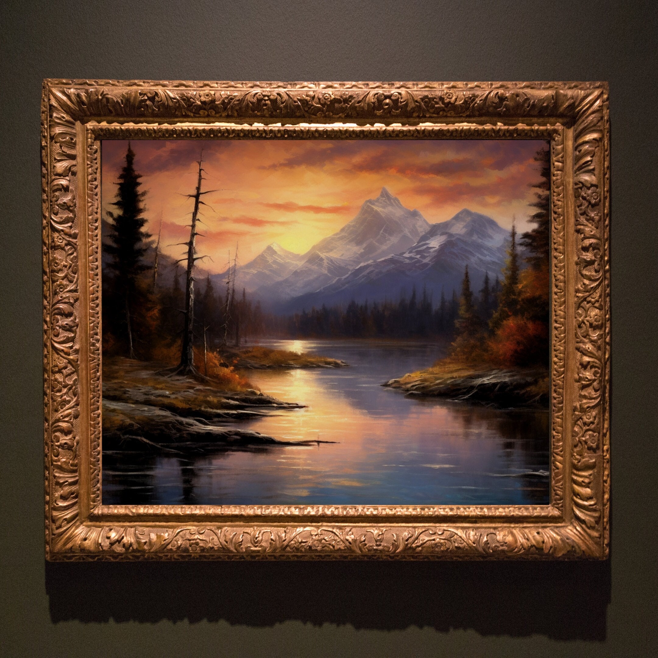 Tableau Peinture Sur Toile - Paysage Forêt Verte Et Montagnes Avec Reflet - Prêt à Accrocher