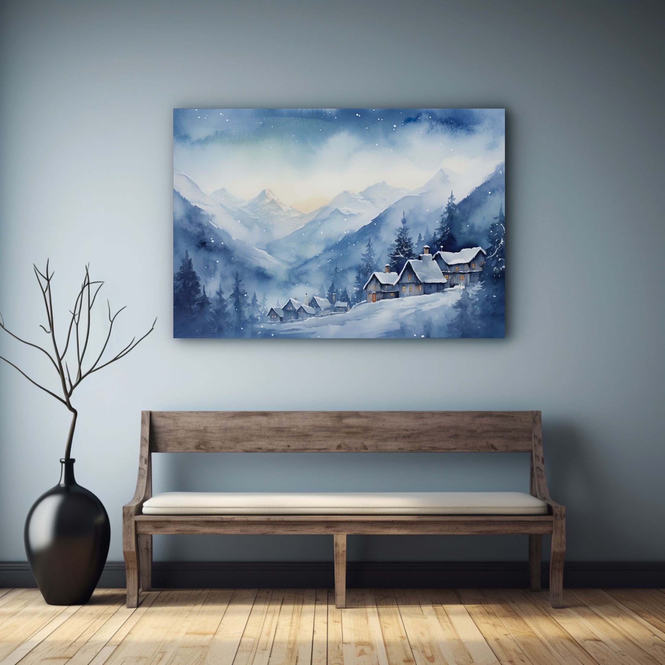 Snowy Village Watercolor Canvas Art: Winter Mountain Landscape - Etsy