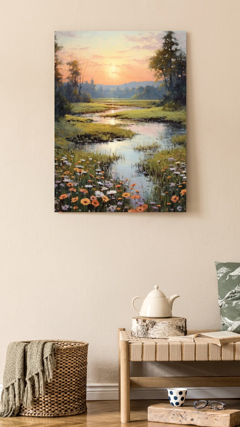 Wildflower Meadow Canvas Print: Pastel Creek Reflection, Nature ...