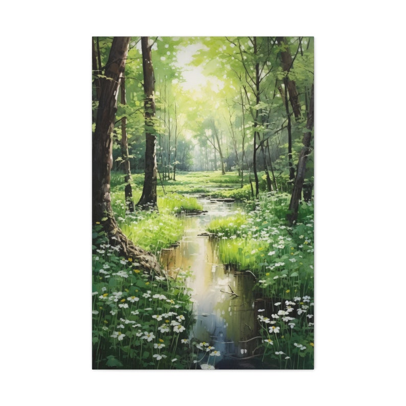 Sunlit Forest Glade Watercolor Painting: Peaceful Nature Scene, Lush Greens, Earthy Colors, Wildflowers, Canvas Print Wall Art Home Decor