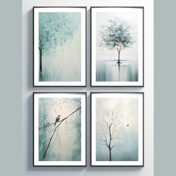 Conjunto de impresión de naturaleza azul relajante / Conjunto de arte moderno imprimible de 4 / Decoración tranquila Scandi / Arte de pared beige verde azulado gris / Decoración contemporánea del hogar