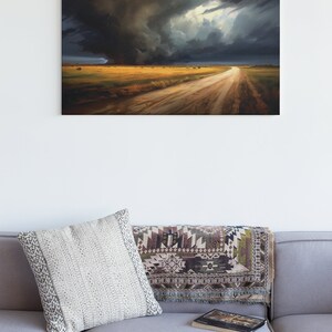 May include: A painting of a dirt road leading into a field with a dark storm cloud in the background.