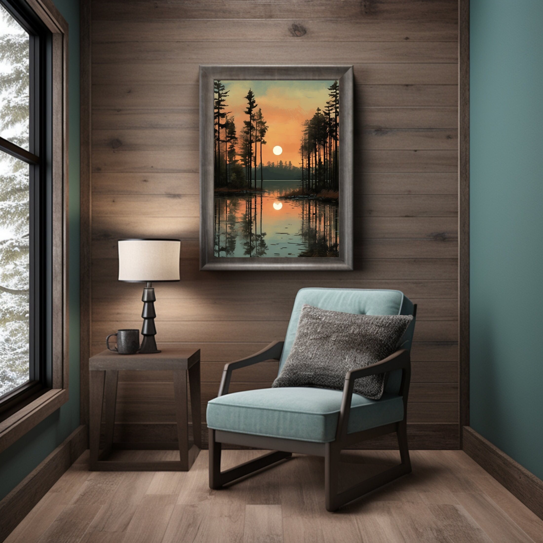 Pine Forest Lake Reflection Art Print: Rustic Home Decor (Digital Download)