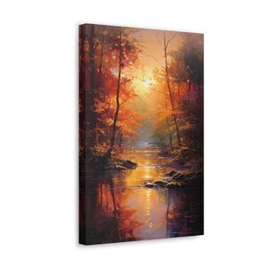 Forest Wall Art: Autumn Forest River Sunset, Canvas Print 12" x 18"