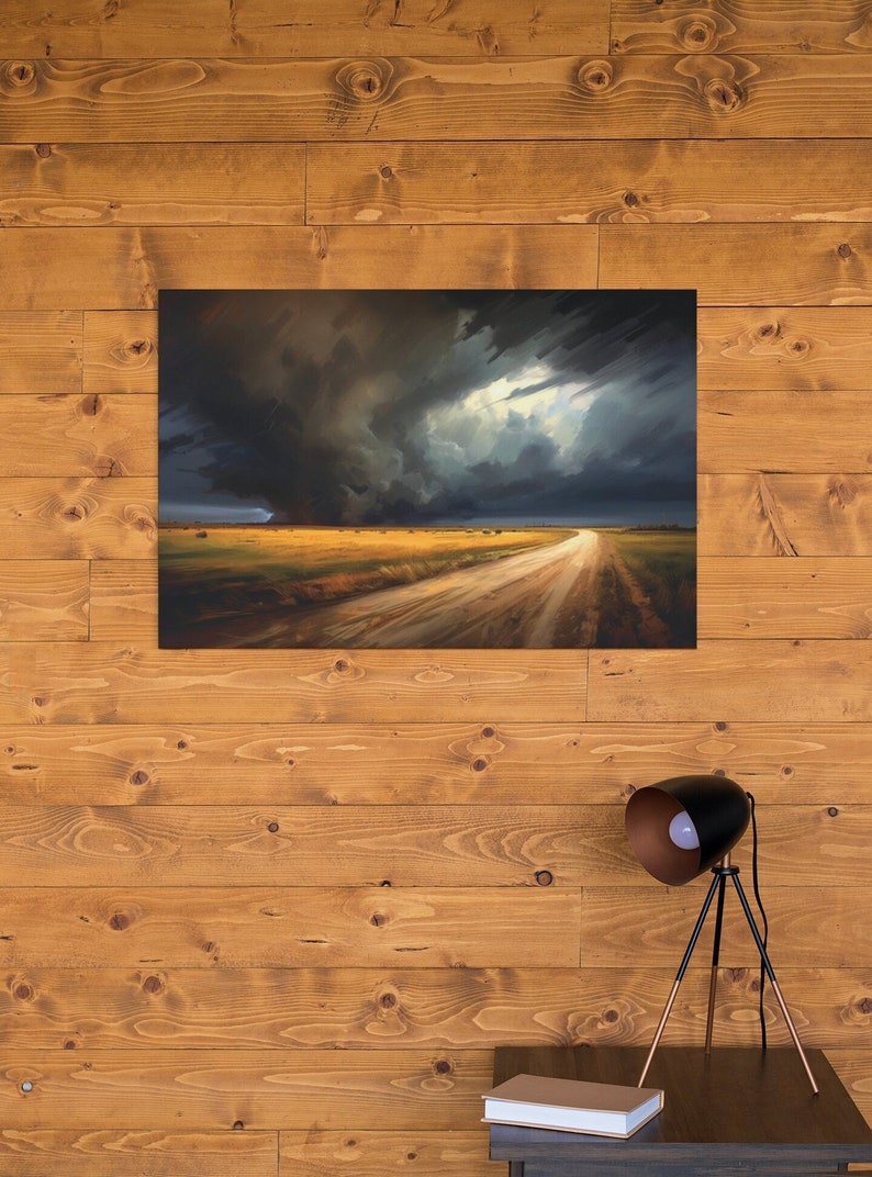 May include: A painting of a dirt road leading into a field with a dramatic stormy sky overhead. The sky is dark and stormy with a bright light shining through the clouds. The road is dusty and the field is green.