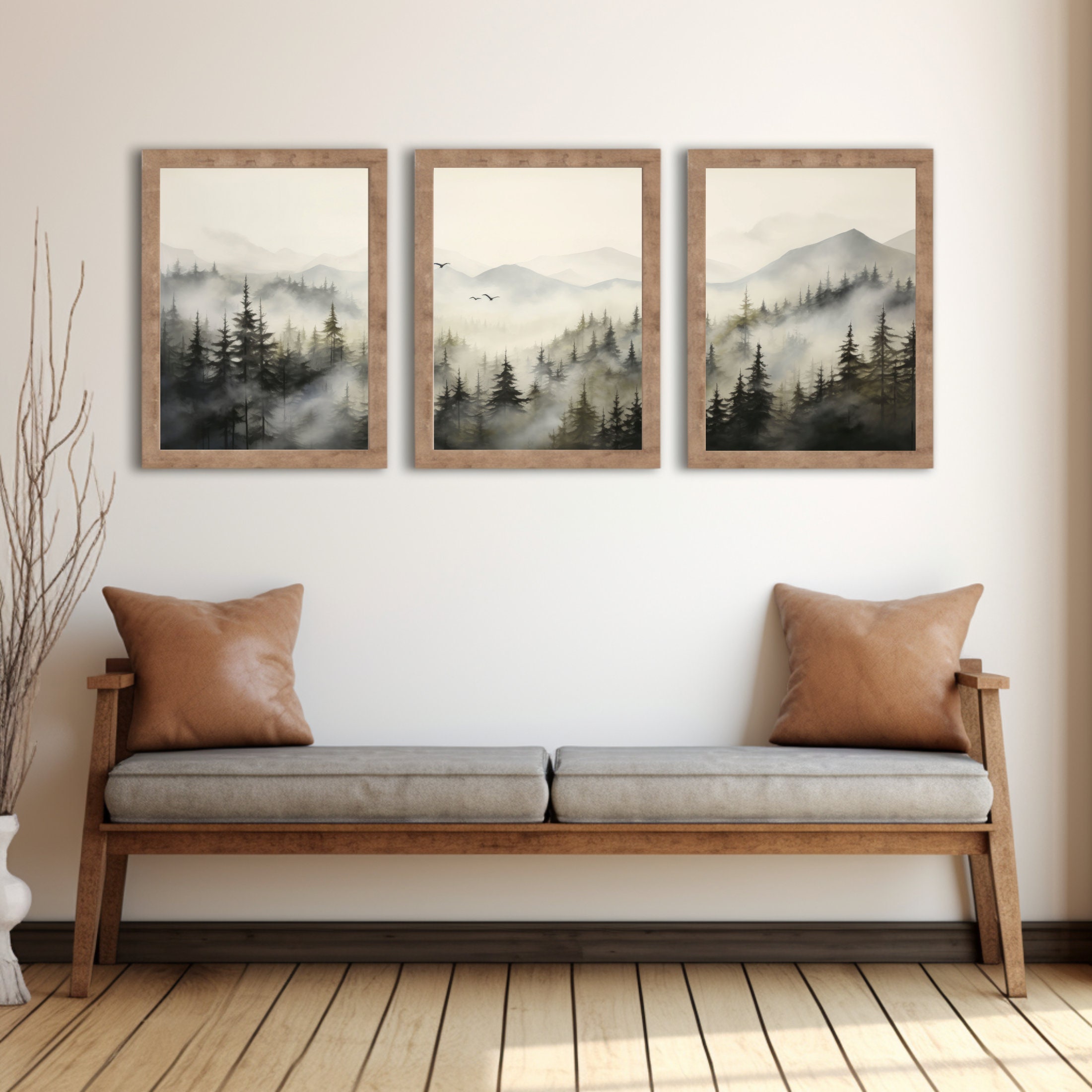 Foggy Landscape Print Set of 3: Large Misty Forest Mountain Wall Art ...