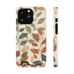 Funda para teléfono con tarjetero y diseño elegante de hojas: funda protectora para iPhone 13 y Galaxy S21/S22: diseño artístico con acuarela