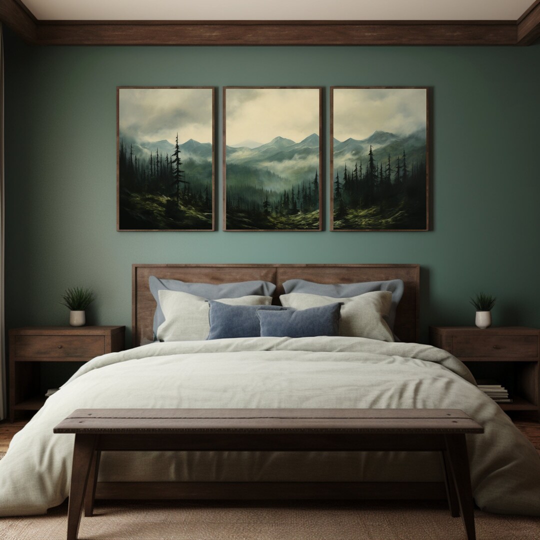 Vintage Mountain Triptych Wall Art, Rustic Forest Landscape Set of 3 - Etsy