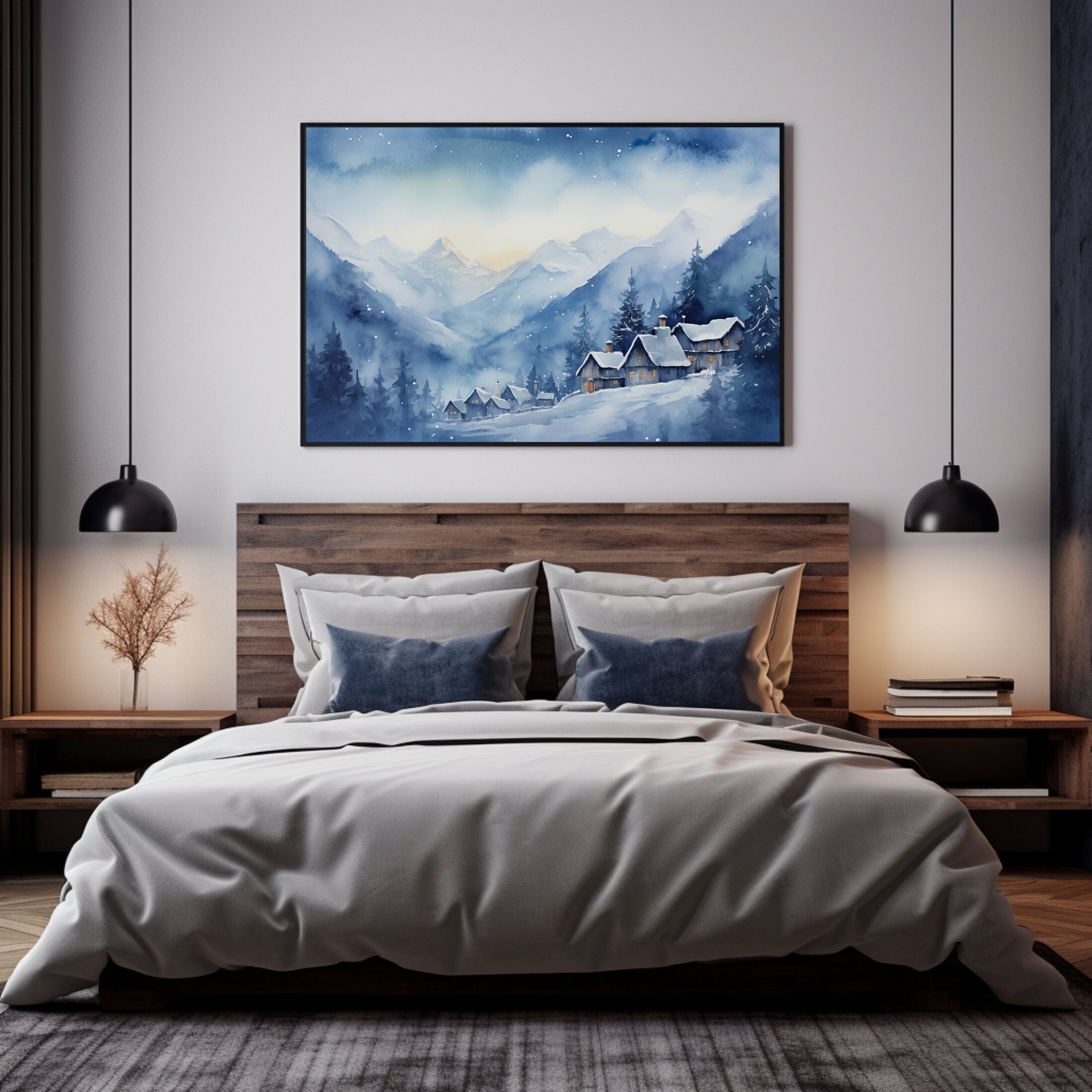 Snowy Village Watercolor Canvas Art: Winter Mountain Landscape - Etsy