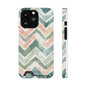 Élégante coque de téléphone porte-cartes aquarelle à chevrons pour iPhone 13 et Galaxy S21/S22 - Étui portefeuille pour téléphone avec porte-cartes MagSafe
