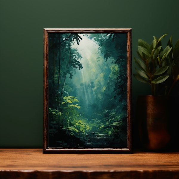 Impression giclée acrylique de forêt tropicale humide | Verts et bruns profonds, Bleus et jaunes doux | Art mural jungle tranquille pour une décoration intérieure apaisante