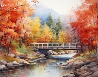 素朴な橋の水彩画：秋の紅葉風景（デジタルダウンロード） - Etsy 日本