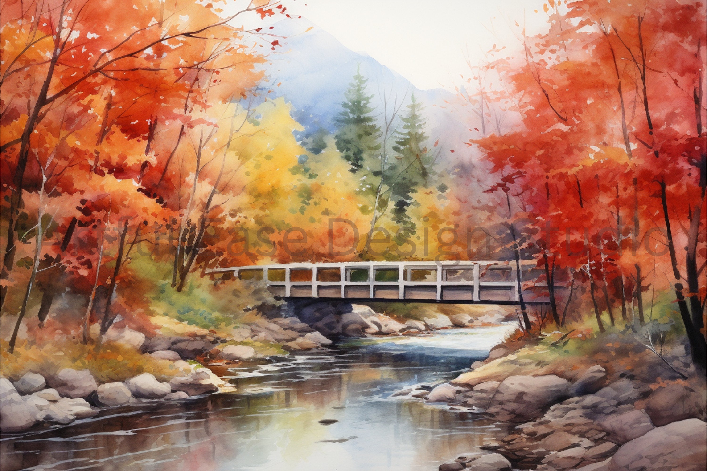 秋の風景 水彩画 橋の絵 素朴な橋の水彩画：秋の紅葉風景（デジタルダウンロード