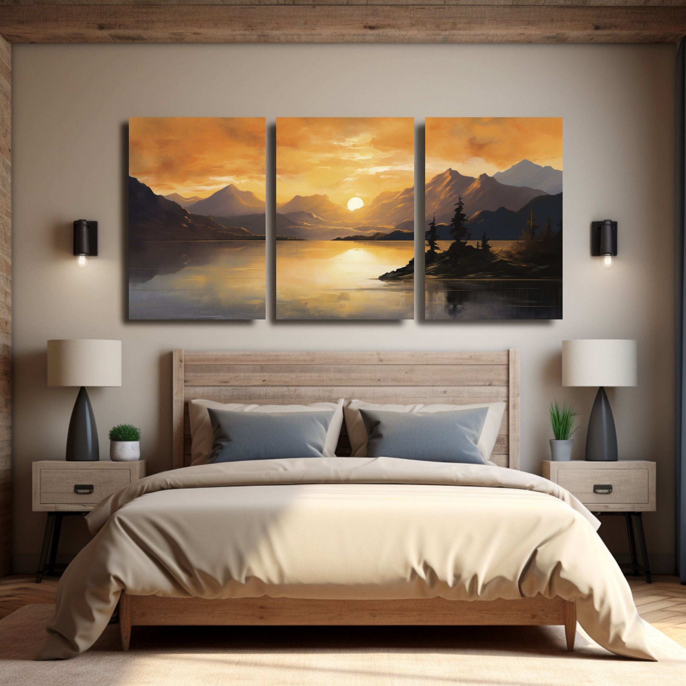 Sunset Mountain Canvas Art Set: Lake Triptych Wall Decor - Etsy