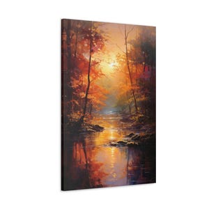 Forest Wall Art: Autumn Forest River Sunset, Canvas Print 24″ x 36″