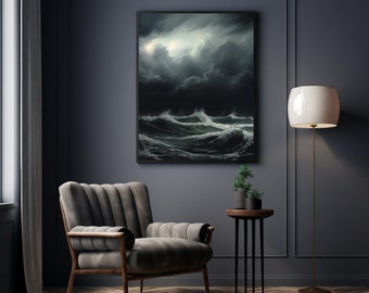 Moody Thunderstorm Seascape Art - Dynamic Brush Strokes & Dramatic Palette, Perfect Ocean Storm Art Print for Modern Rustic Décor