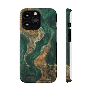 Coque de portable porte-cartes verte et dorée abstraite - iPhone 13, Galaxy S21/S22 - Étui élégant et protecteur avec emplacement pour carte