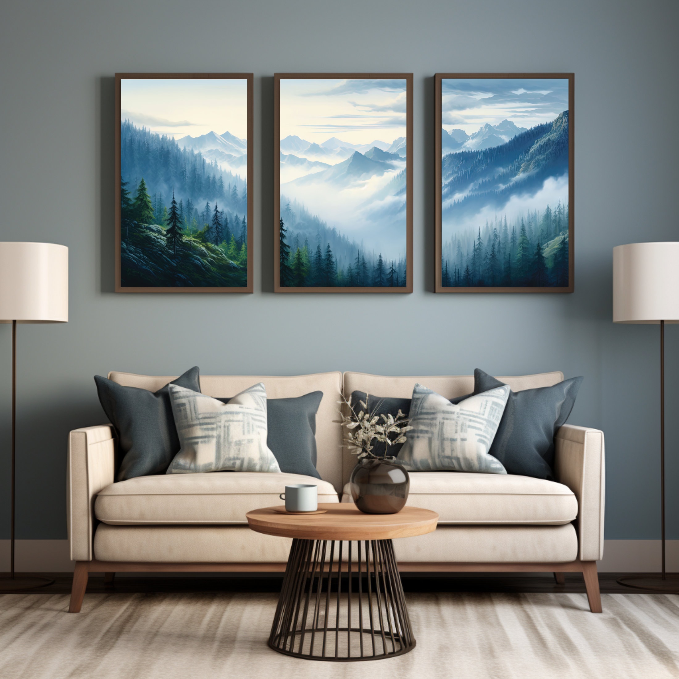 Blue Mountain Triptych Wall Art, Misty Forest Landscape Set - Etsy