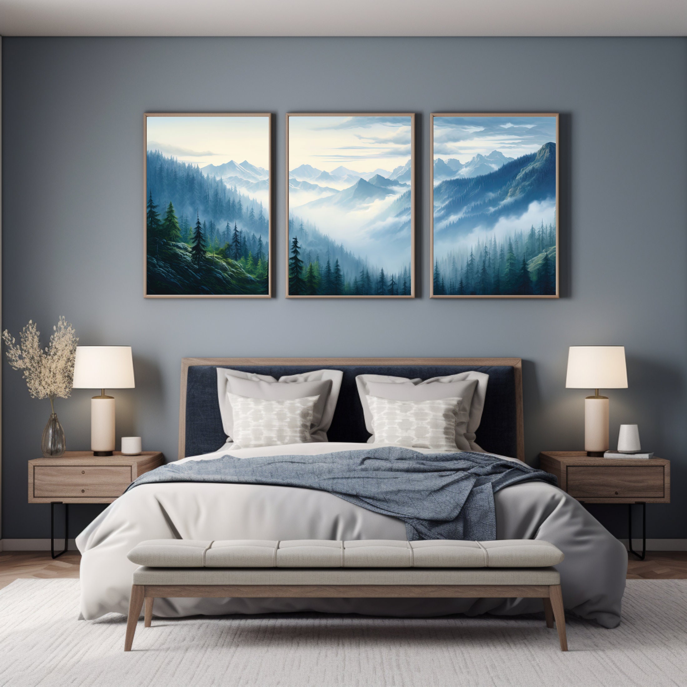 Blue Mountain Triptych Wall Art, Misty Forest Landscape Set - Etsy