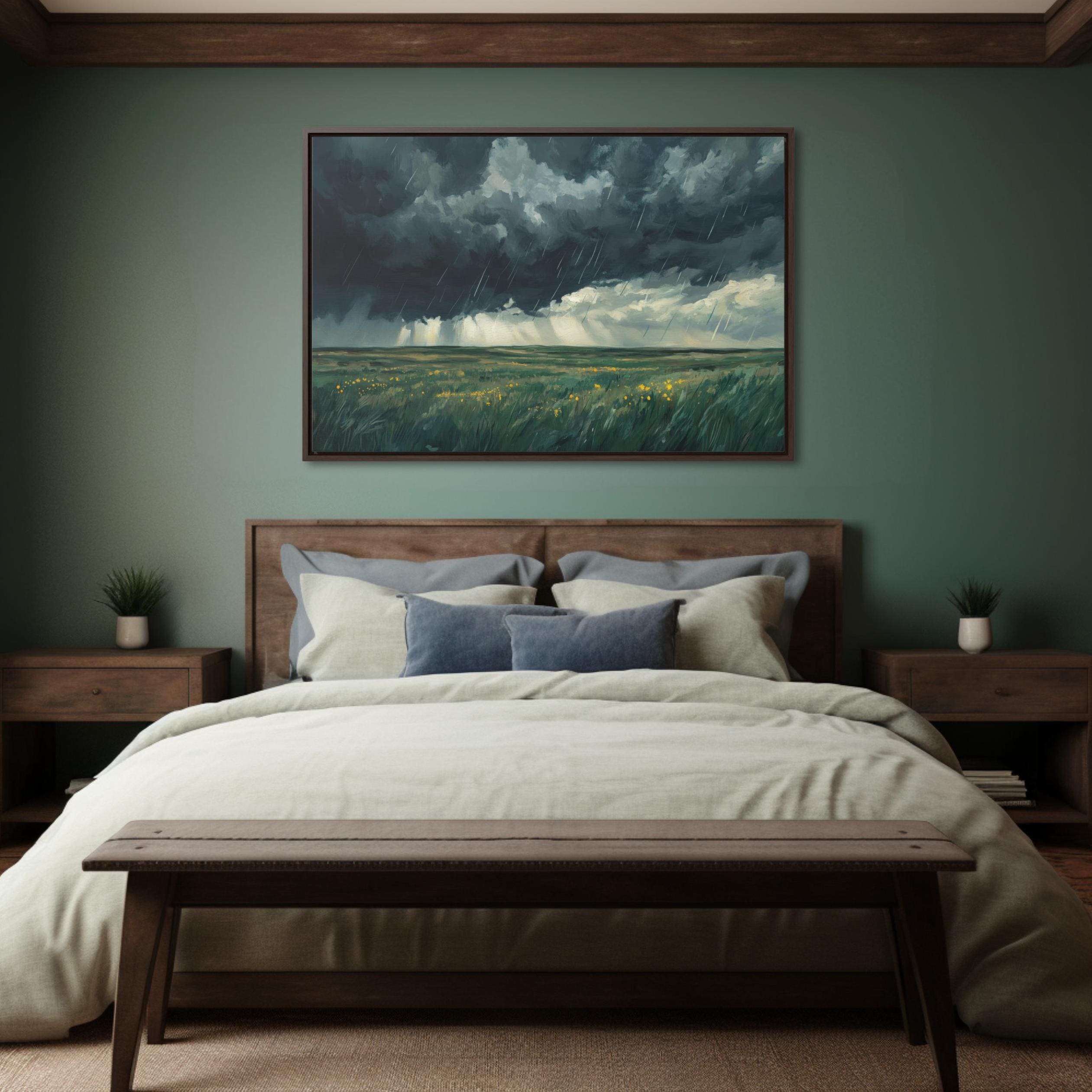 Dramatic Thunderstorm Canvas Print | Cloudy Sky Landscape Painting | Modern Farmhouse Wall Art | Rainy Nature Scene Home Decor
