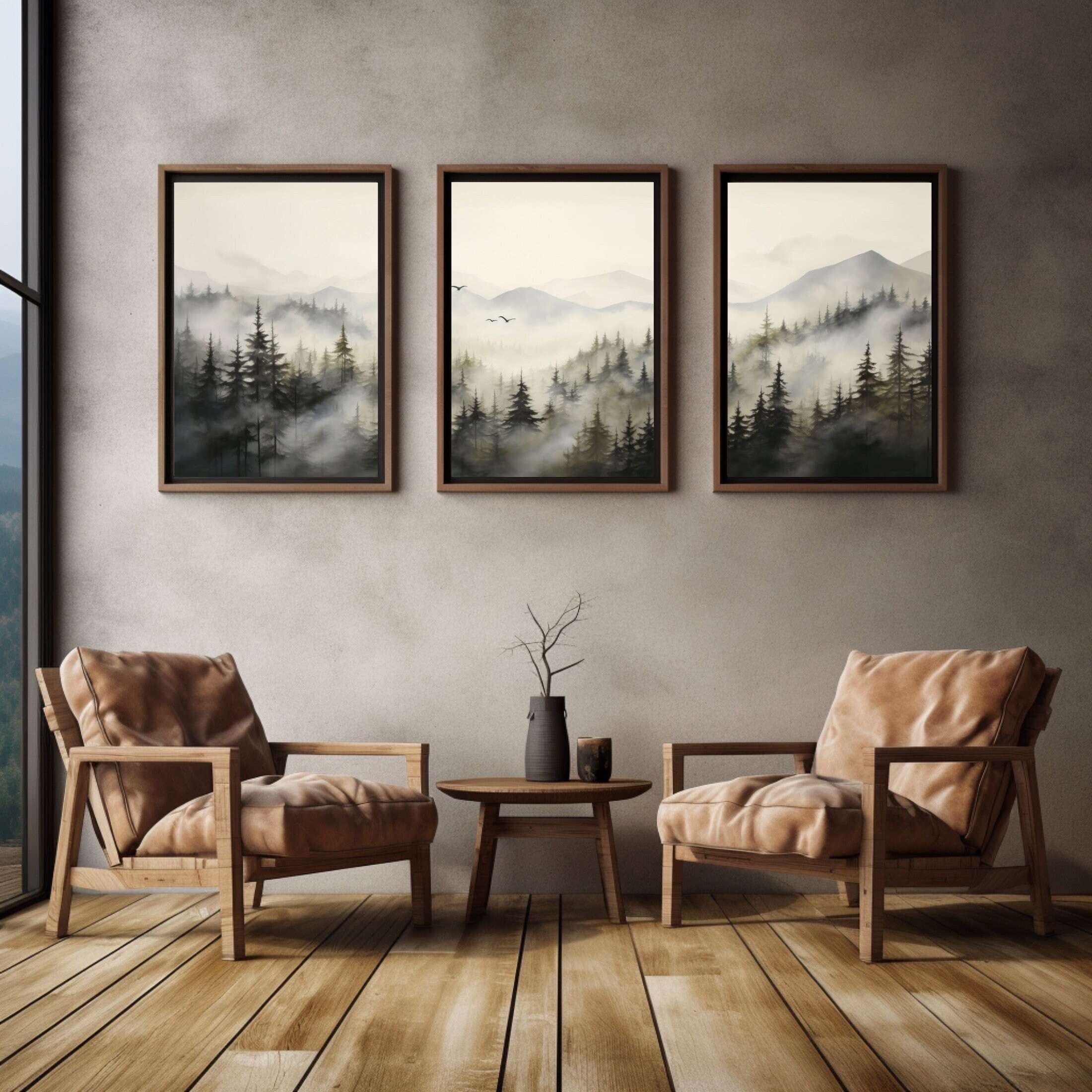 Foggy Landscape Print Set of 3: Large Misty Forest Mountain Wall Art ...